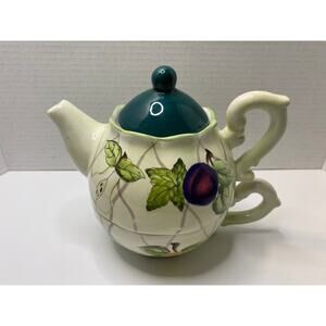 Vintage PATRICIA BRUBAKER Hand-Painted Fruit Plum Tea pot & Cup Set Collectible
